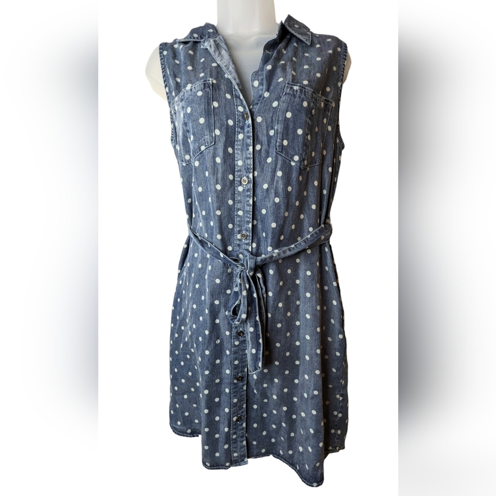 Velvet Heart Denim Blue Polka Dot Size Medium Belted Dress NWT